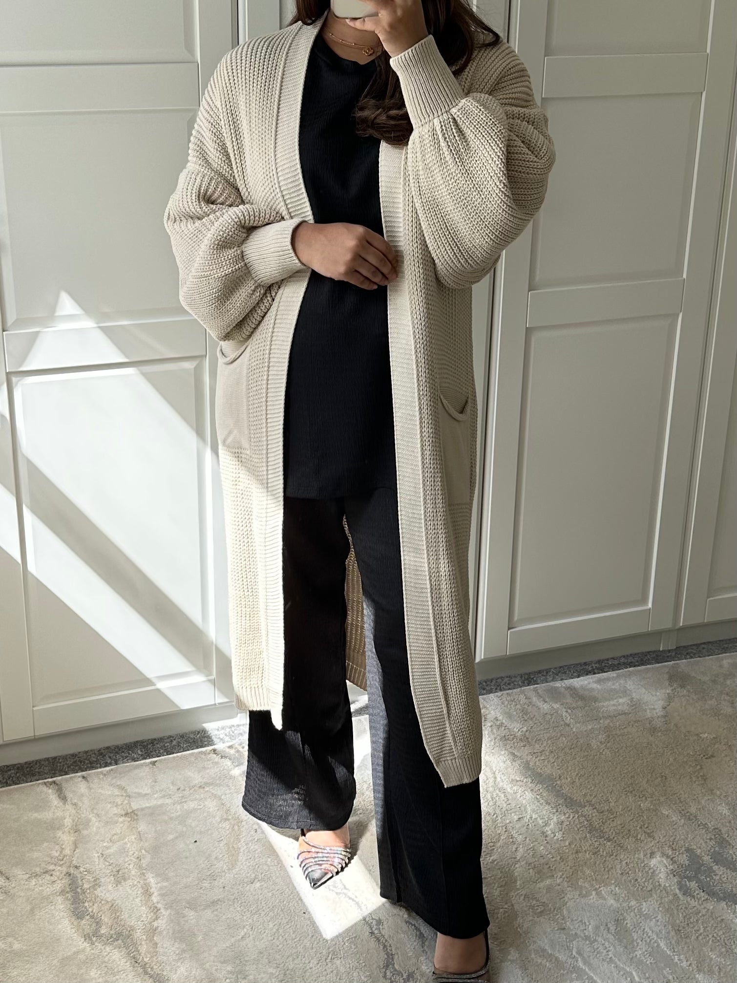 Misha Longline Knitted Balloon Sleeve Cardigan in Cream – Modestluxe