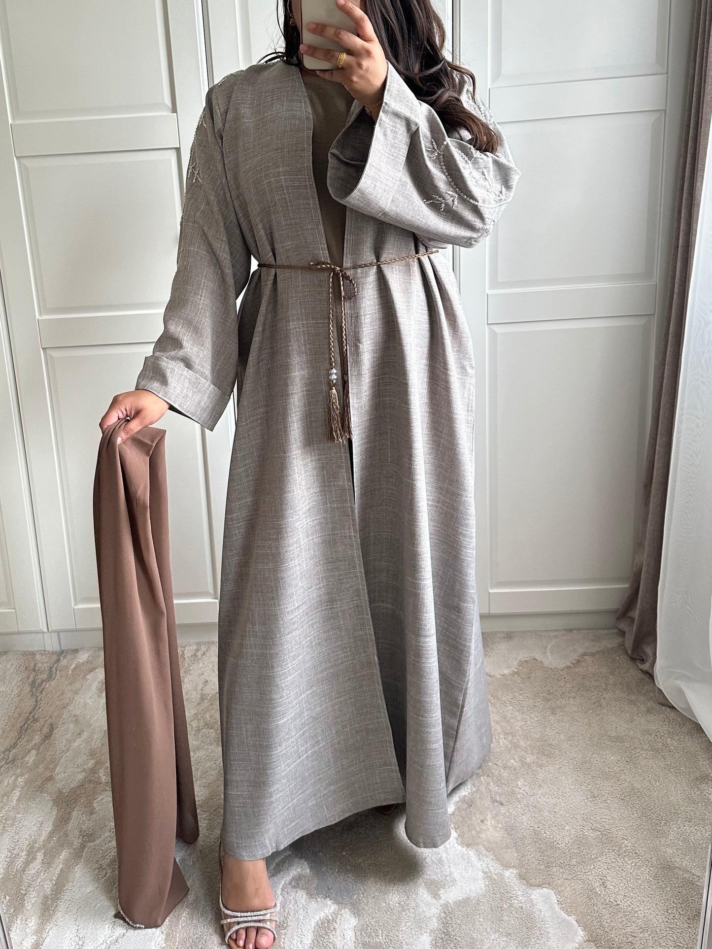 Layaan Embellished Linen Abaya in Brown