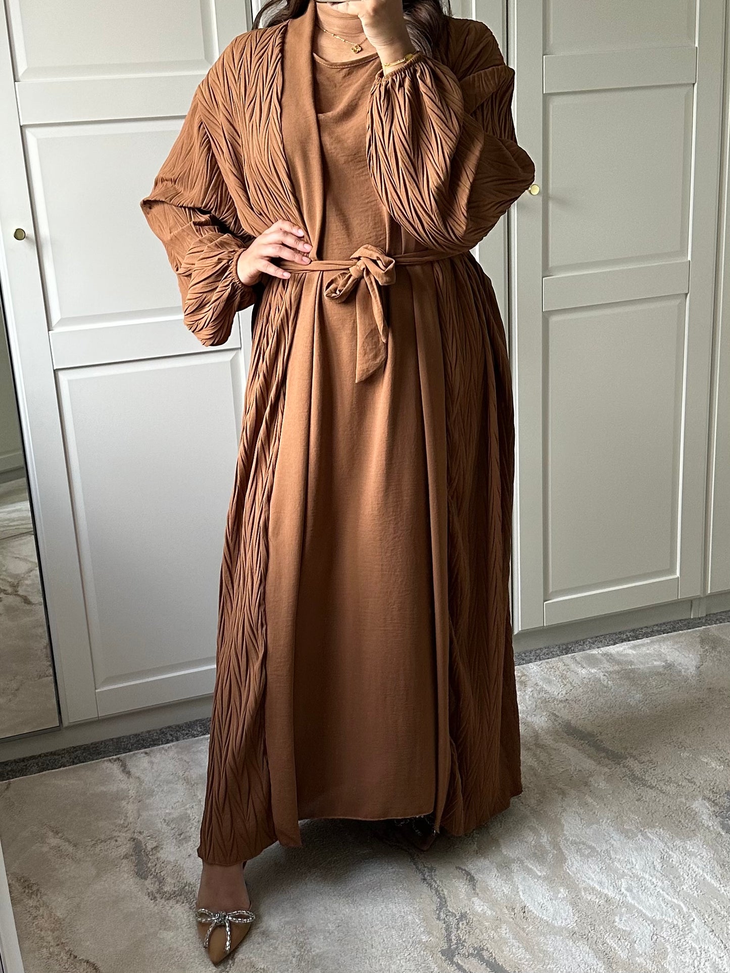 Kahina 2 Peice Dress and Cardigan Set in Caramel