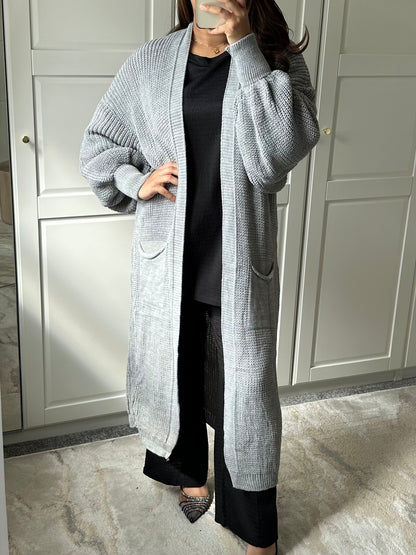 Misha Longline Knitted Balloon Sleeve Cardigan in Grey