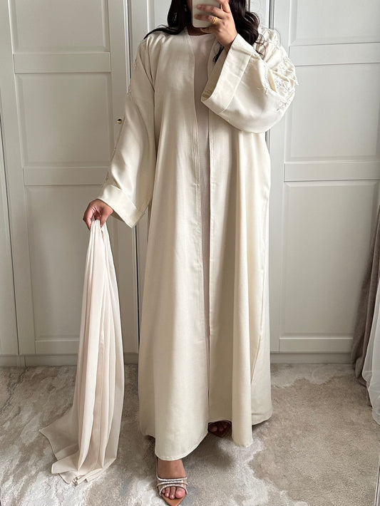 Layaan Embellished Linen Abaya in Cream