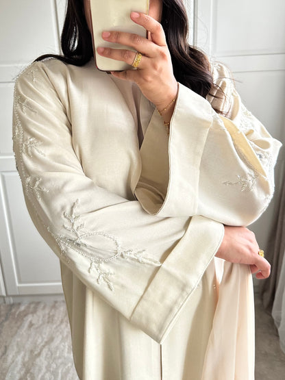 Layaan Embellished Linen Abaya in Cream