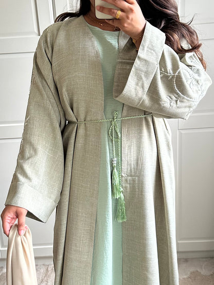 Layaan Embellished Linen Abaya in Olive