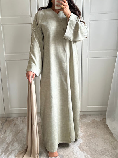 Layaan Embellished Linen Abaya in Olive