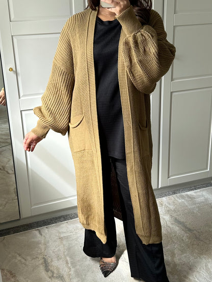 Misha Longline Knitted Balloon Sleeve Cardigan in Dark Beige