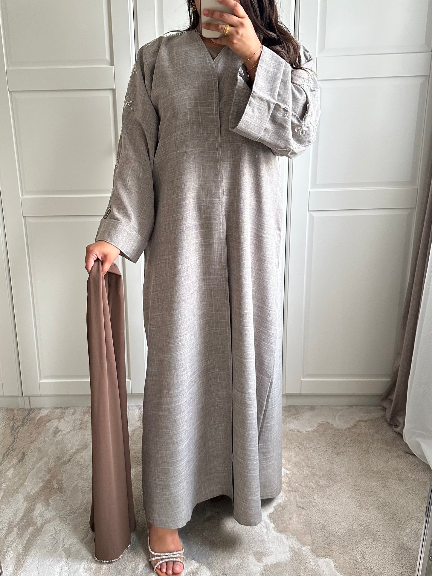 Layaan Embellished Linen Abaya in Brown