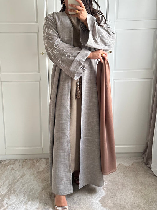 Layaan Embellished Linen Abaya in Brown