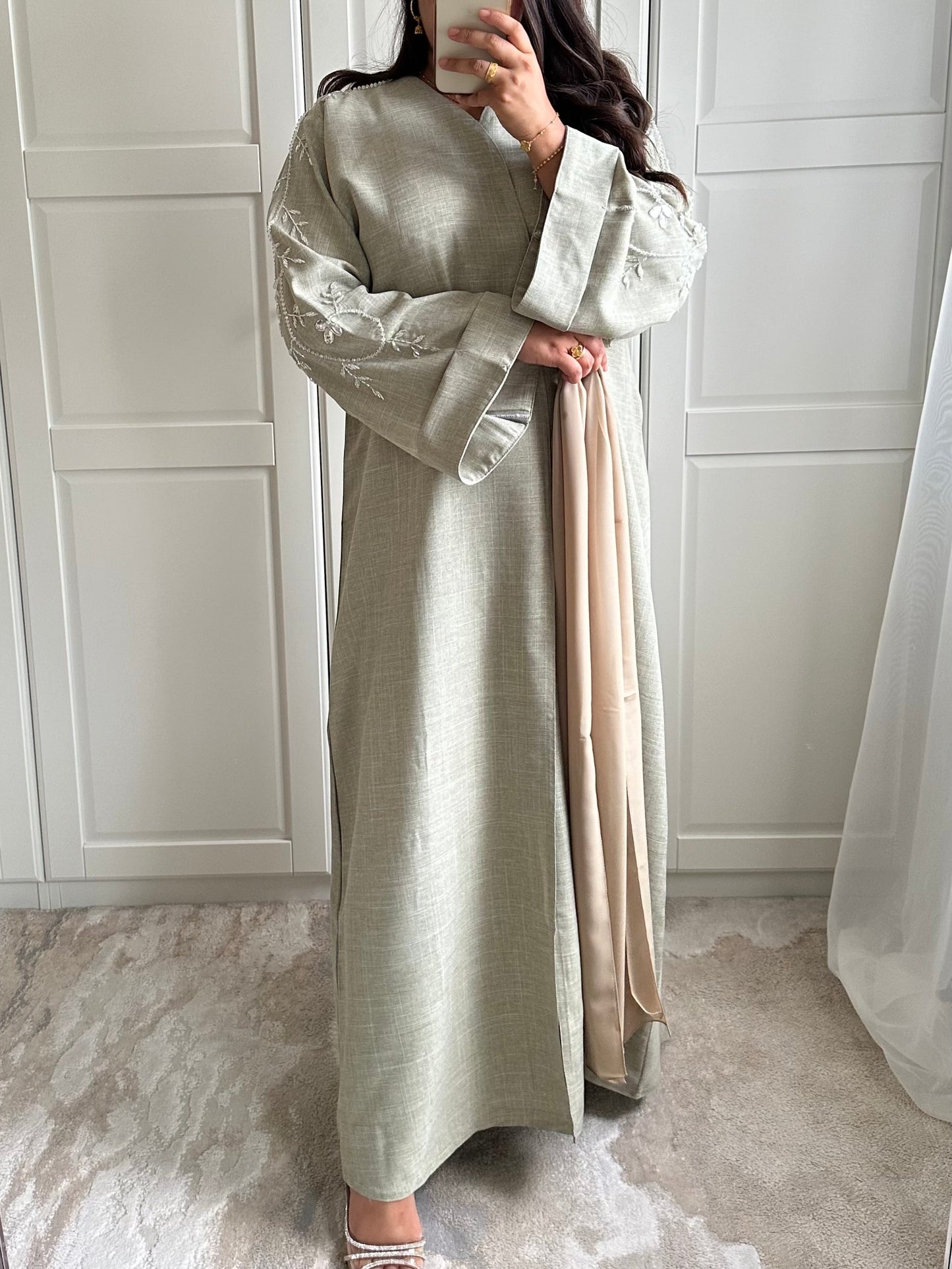 Layaan Embellished Linen Abaya in Olive