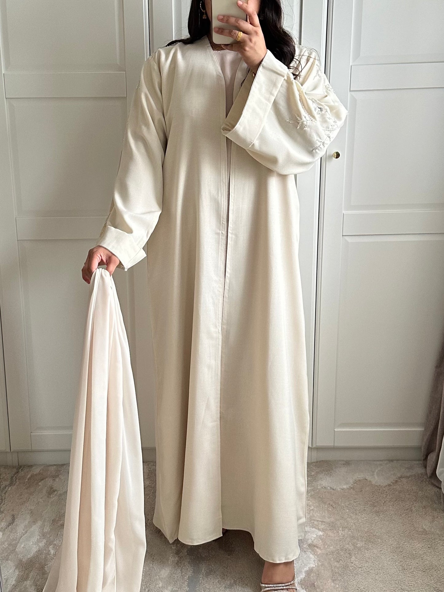 Layaan Embellished Linen Abaya in Cream