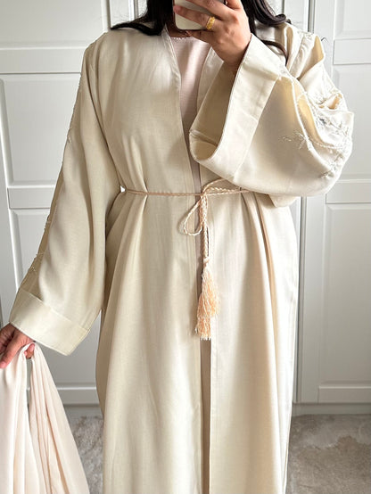 Layaan Embellished Linen Abaya in Cream